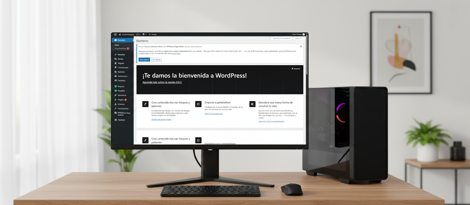 Monitor de escritorio mostrando la pantalla de bienvenida del panel de administración de WordPress en español, con una computadora de torre negra moderna al lado, en una oficina minimalista.